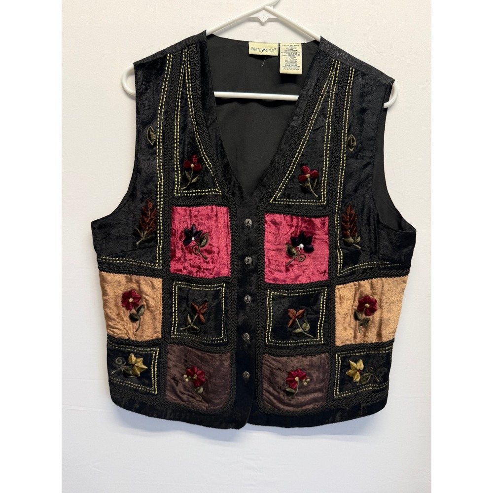 VTG Patchwork Velvet Floral Vest Womens L Whimsigoth Fairy 90s Boho Festival